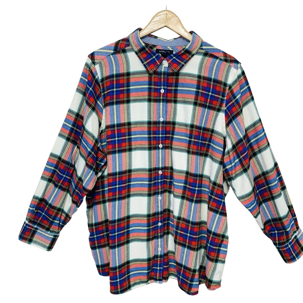 Lands End Flannel Blouse Top‎ Woman 3X  Button Up Plaid All Cotton Long Sleeve